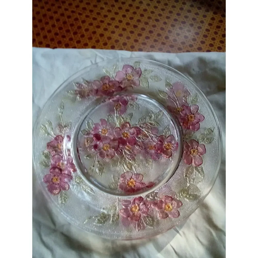 Vtg Rerverse Pressed Glass Plates~CLEAR with colored Flowers 8 1/4
